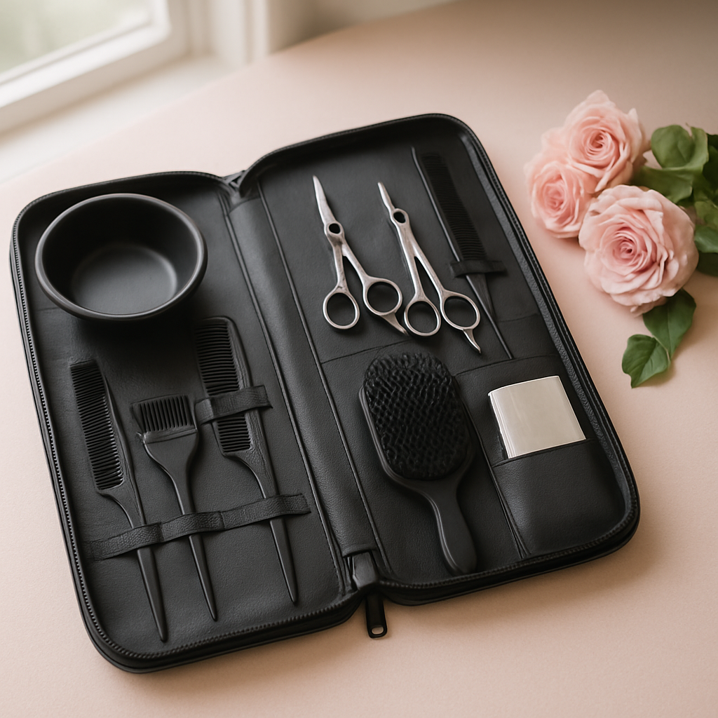 Professional mobile hairdressing kit with scissors, combs and colour tools