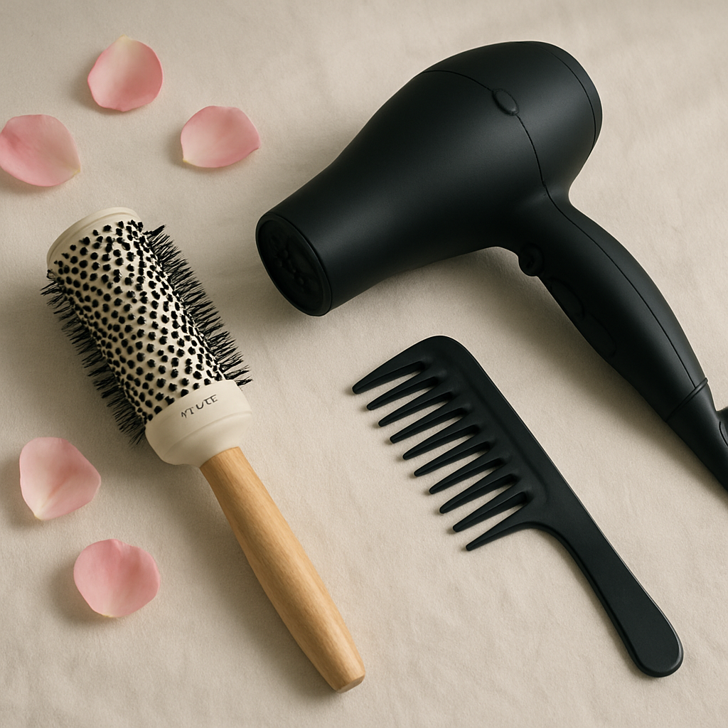 Professional hair dryer and round brush for a smooth blow-dry and styling service